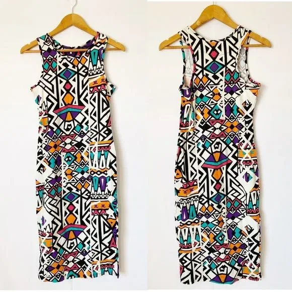 LUST N MUST Tribal Print 90s Multicolored Bodycon Sleeveless Midi Dress - Picture 2 of 7